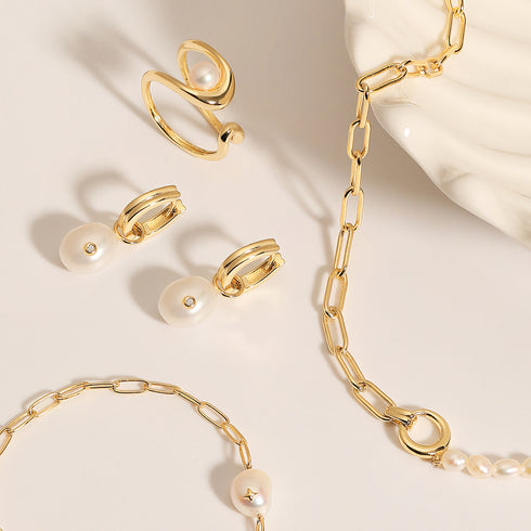 Gold Pearl Drop Sparkle Huggie Hoop Earrings