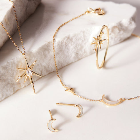 14kt Gold Mother Of Pearl Moon Stud Earrings