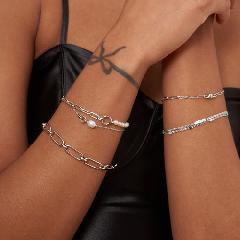 Silver Pearl Chunky Link Chain Bracelet