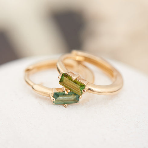 14kt Gold Tourmaline Emblem Huggie Hoop Earrings