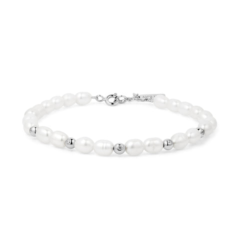 Silver Freshwater Pearl and White Cubic Zirconia Bezel Set Bracelet