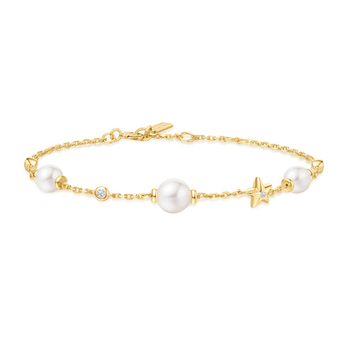 Gold Shell Pearl and Star Station Bracelet