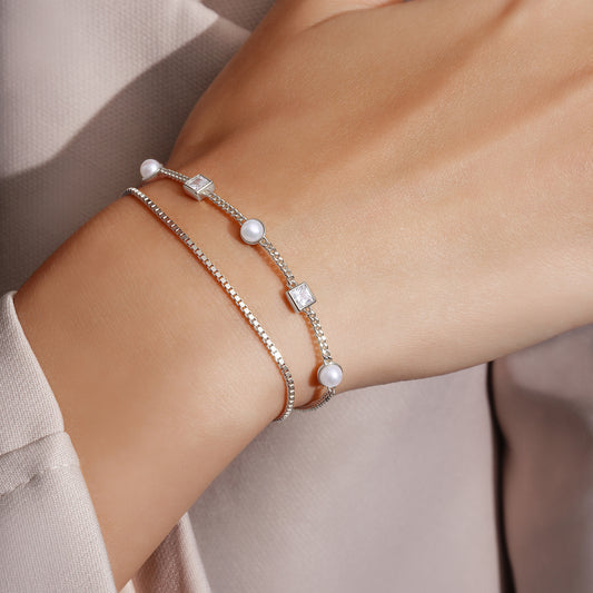 Silver Bezel-Set Cube and Pearl Station Bracelet