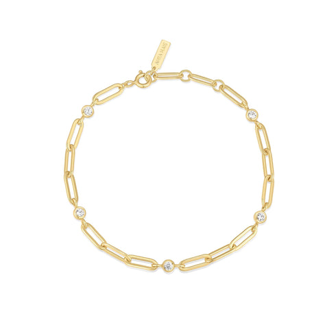 Gold Bezel Station Paper Clip Chain Bracelet