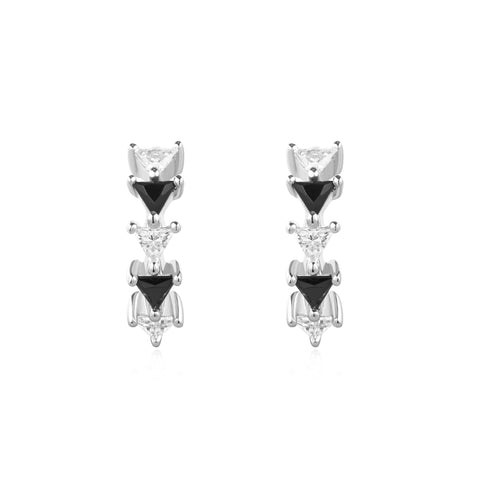 Silver Black/White Triangular Cubic Zirconia Huggies