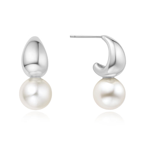Silver Shell Pearl Dome Hoop Earrings