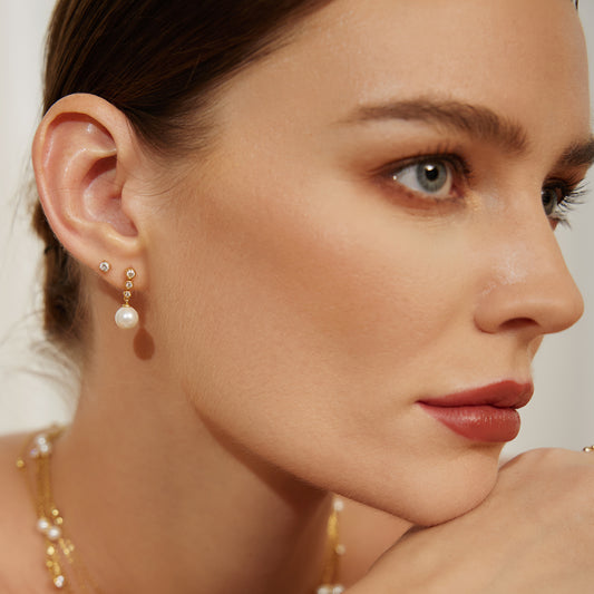 Gold Tennis Beaded Stone Shell Pearl Drop Stud Earrings