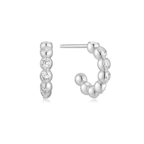 Silver Bezel Beaded Huggie Hoop Earrings