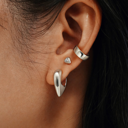 Silver Puffy Shield Huggie Hoop Earrings