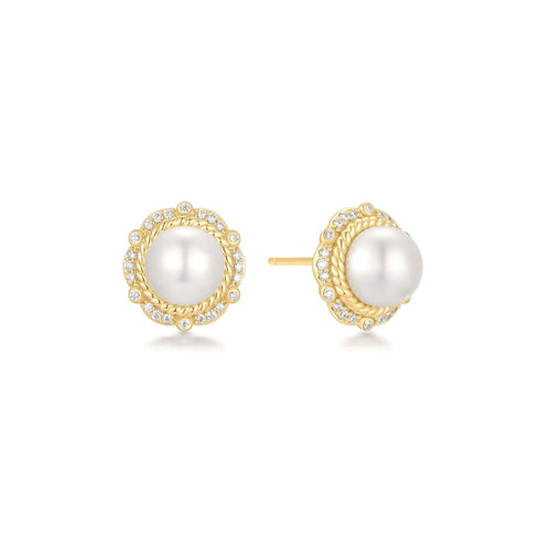 Gold Shell Pearl Bloom Stud Earrings