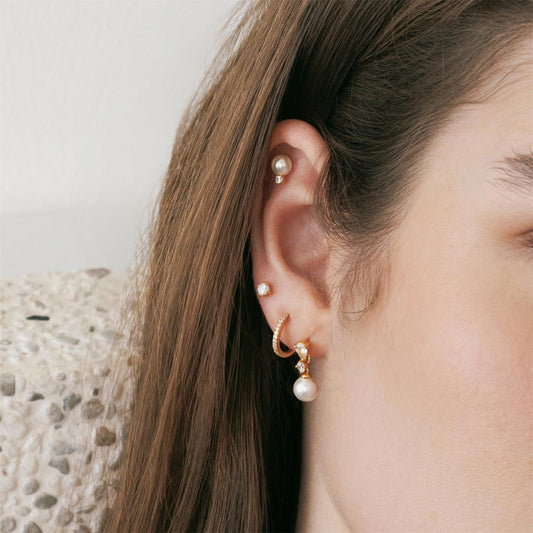 Gold Shell Pearl with Sparkling Accent Barbell Single Earring
