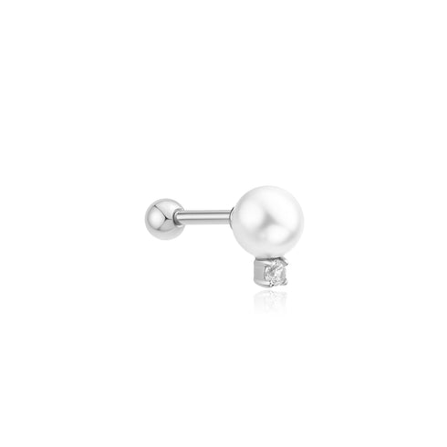 Silver Shell Pearl with Sparkling Accent Barbell Single Earring