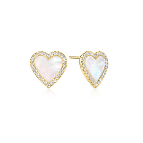 Gold Mother of Pearl Halo Heart Stud Earrings