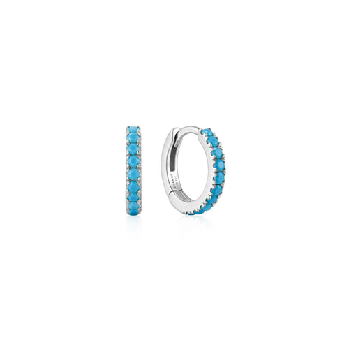 Silver Aqua Blue Row Huggie Hoop Earrings