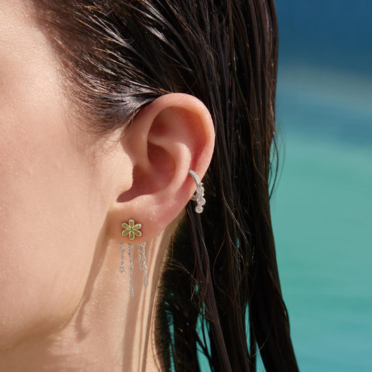 Silver Floral Tassel Drop Stud Earrings