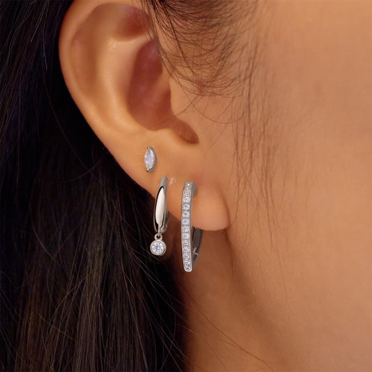 Silver Medium Sparkle Heart Huggie Hoop Earrings