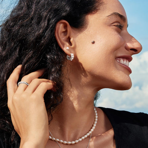 Silver Sparkling Shell Pearl Row Huggie Hoop Earrings