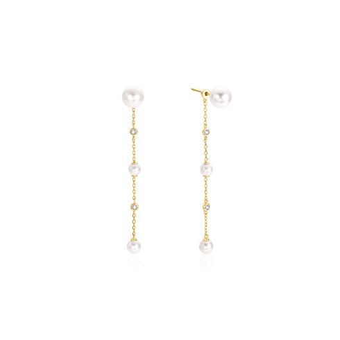 Gold Cascade Shell Pearl Station Drop Stud Earrings