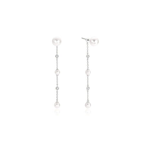 Silver Cascade Shell Pearl Station Drop Stud Earrings