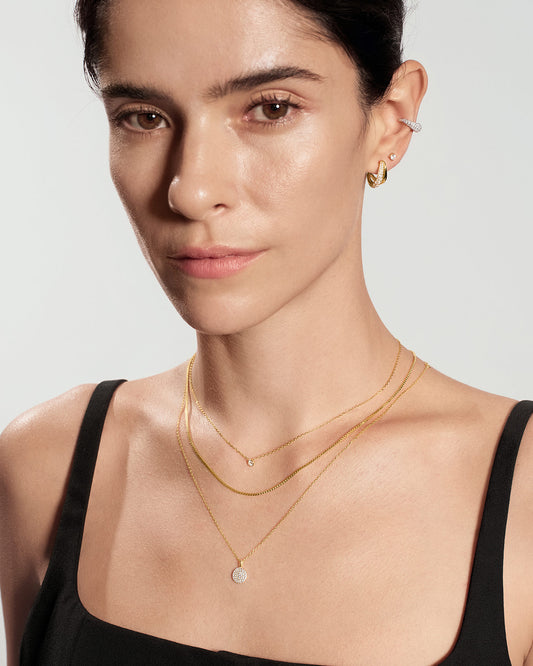 Gold Round Solitaire Cubic Zirconia Necklace with stacked necklaces styling