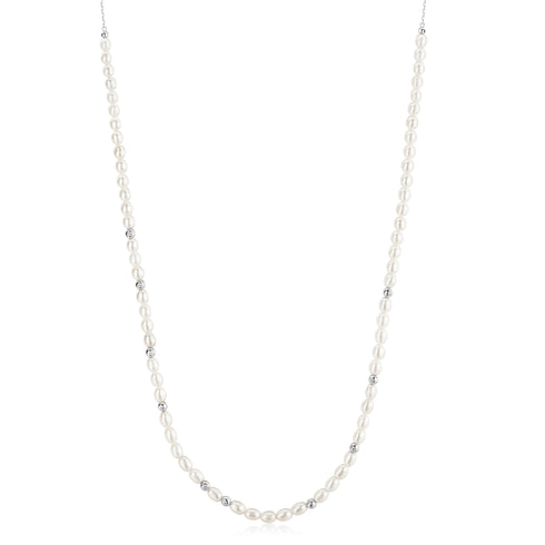 Silver Freshwater Pearl and White Cubic Zirconia Bezel Set Slider Necklace
