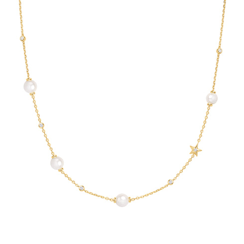 Gold Shell Pearl and Star Station Necklace