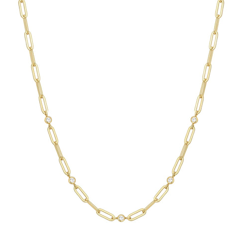 Gold Bezel Station Paper Clip Chain Necklace