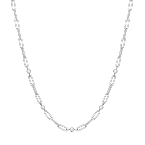 Silver Bezel Station Paper Clip Chain Necklace
