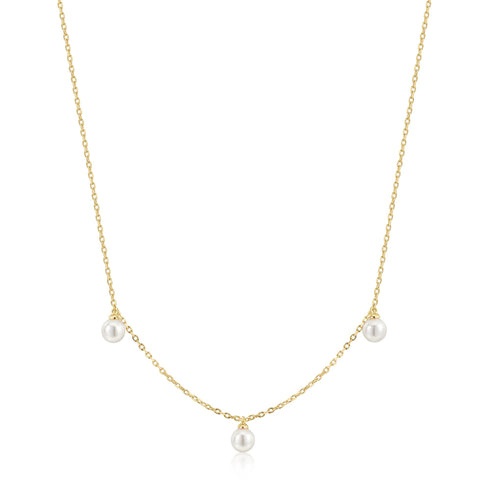 Gold Triple Shell Pearl Station Necklace