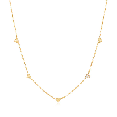 Gold Pavé Puffed Heart Station Necklace