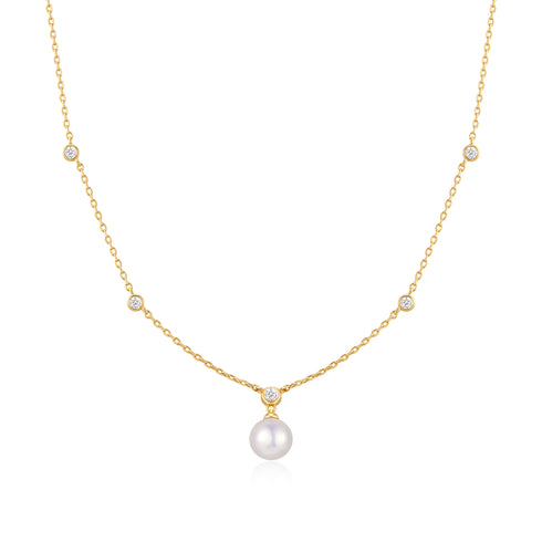 Gold Bezel-Set Station Necklace with Shell Pearl Pendant