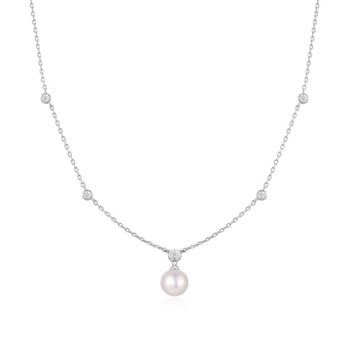 Silver Bezel-Set Station Necklace with Shell Pearl Pendant