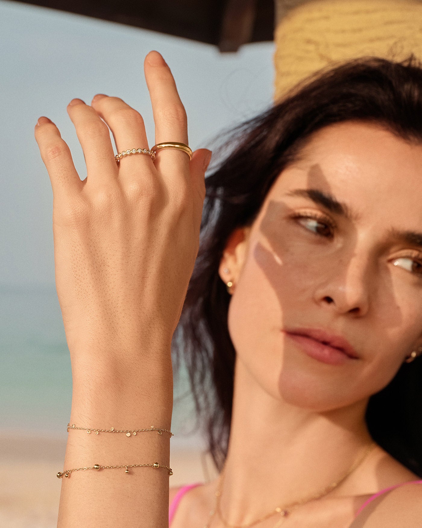 Modern gold bracelet on wrist styling