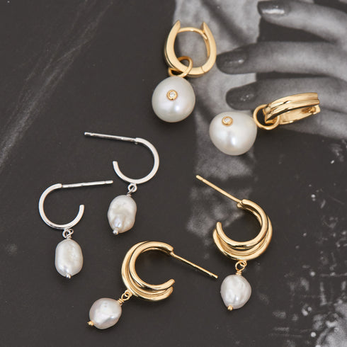 Gold Pearl Drop Sparkle Huggie Hoop Earrings