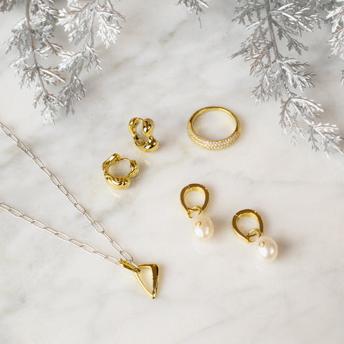 Gold Pearl Drop Sparkle Huggie Hoop Earrings