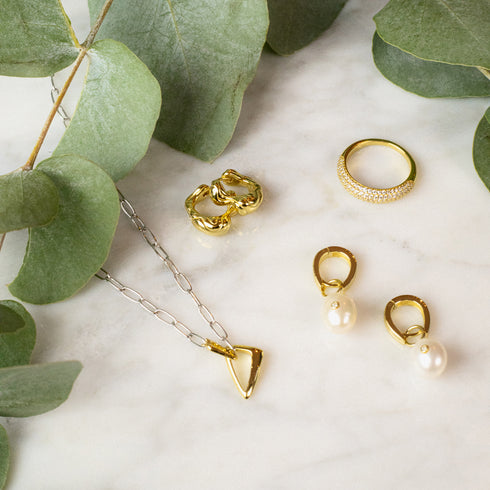 Gold Pearl Drop Sparkle Huggie Hoop Earrings