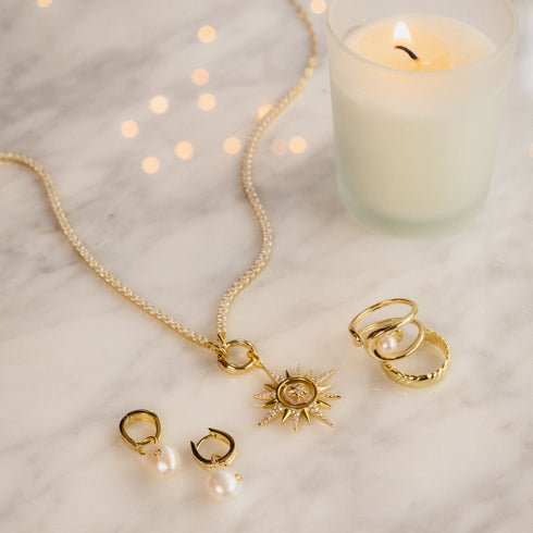 Gold Pearl Drop Sparkle Huggie Hoop Earrings