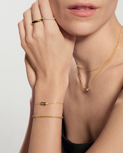 Gold Glam Interlock Bracelet with delicate gold necklace styling
