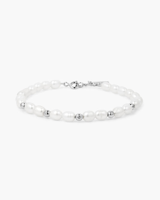 Silver Freshwater Pearl and White Cubic Zirconia Bezel Set Bracelet