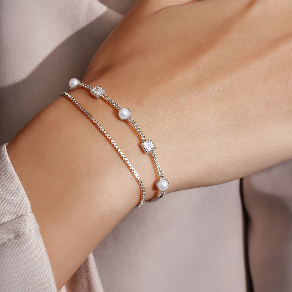 Silver Bezel-Set Cube and Pearl Station Bracelet