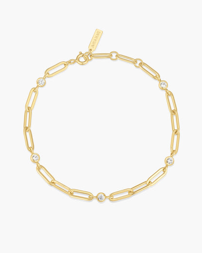 Gold Bezel Station Paper Clip Chain Bracelet