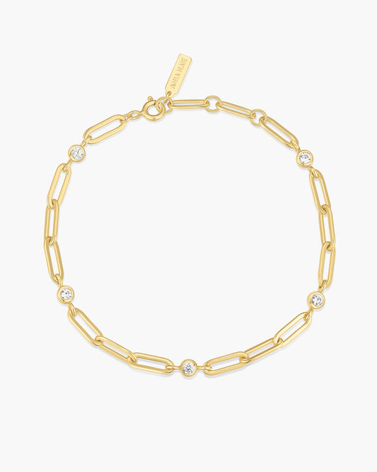 Gold Bezel Station Paper Clip Chain Bracelet