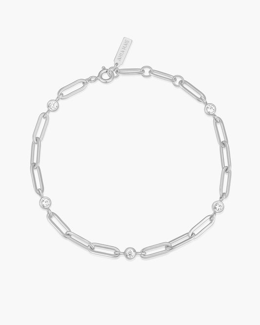Silver Bezel Station Paper Clip Chain Bracelet