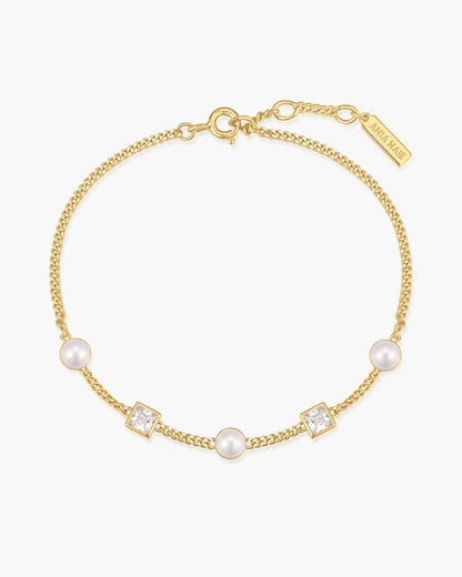 Gold Bezel-Set Cube and Pearl Station Bracelet