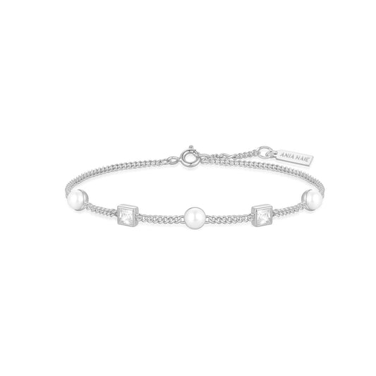 Silver Bezel-Set Cube and Pearl Station Bracelet