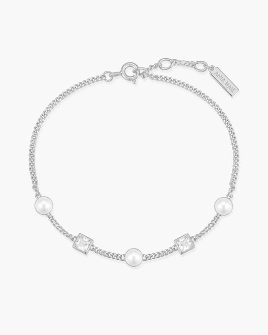 Silver Bezel-Set Cube and Pearl Station Bracelet