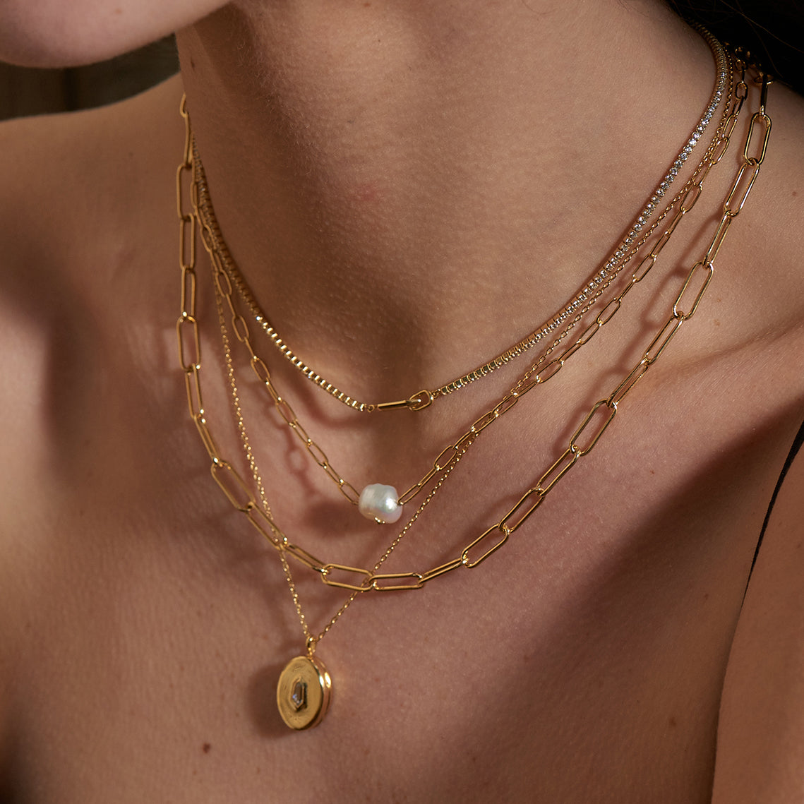 Gold Pearl Sparkle Chunky Chain Necklace　
