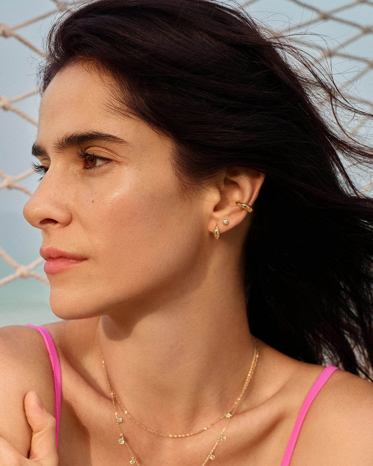 Gold Small Pavé Disc Stud Earrings side view