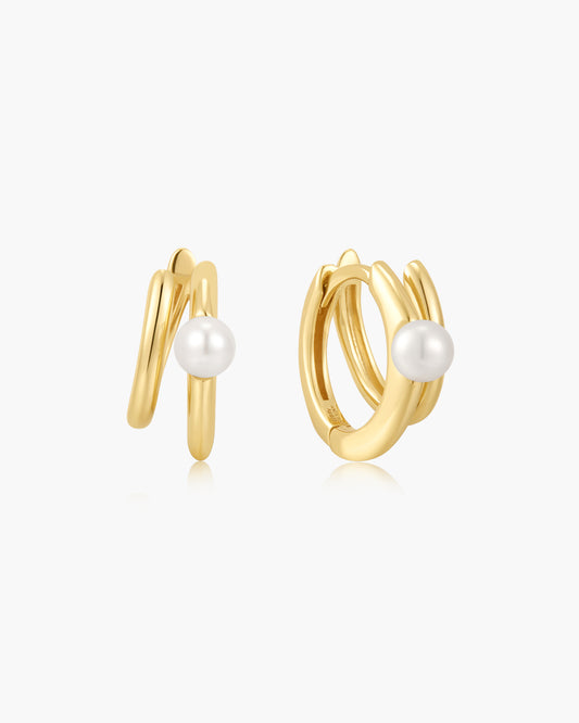 Gold Parallel Duo Freshwater Pearl Huggies