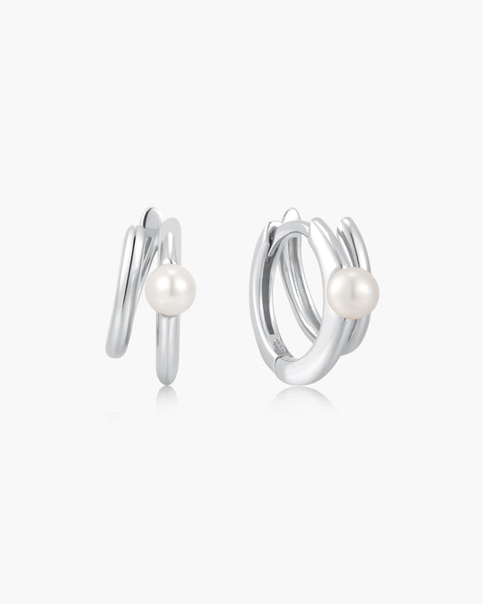 Silver Parallel Duo Freshwater Pearl Huggies